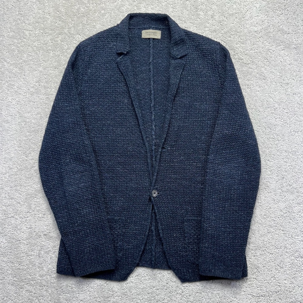 Falconeri Cardigan Mens M Navy Blue Cotton Linen Knit Blazer Style Made in Italy